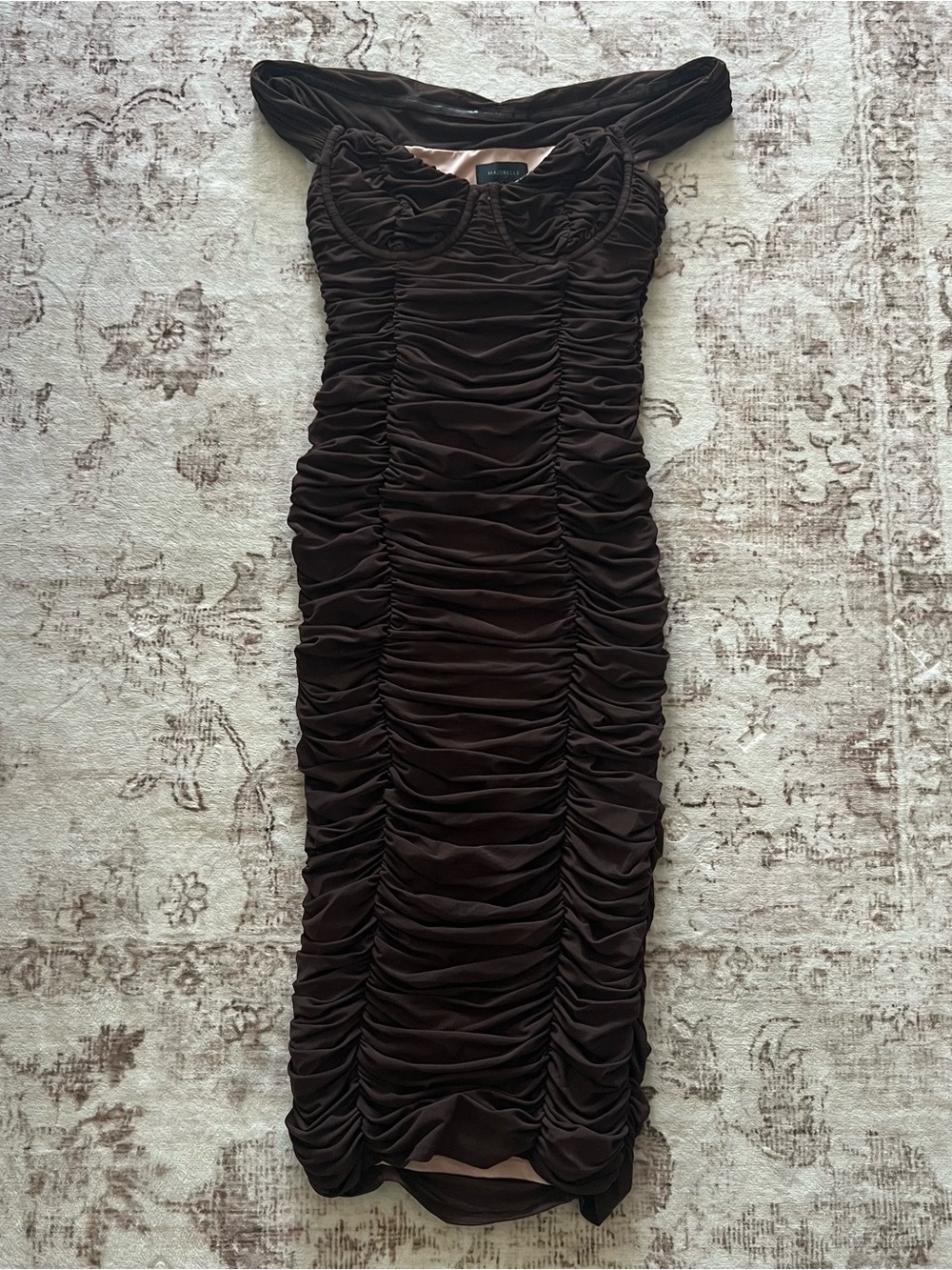 MAJORELLE Chocolate Brown Ruched Off-Shoulder Midi Dress